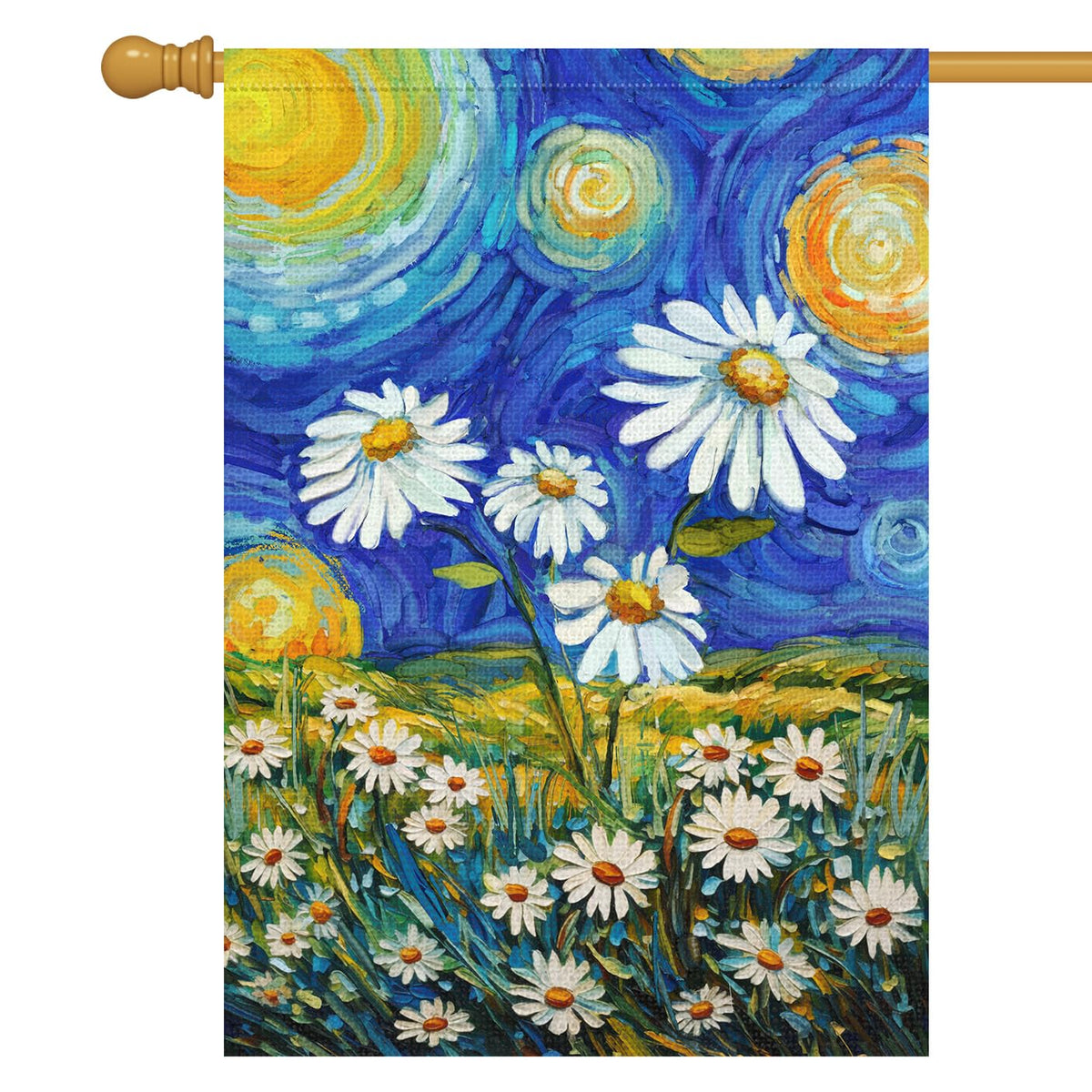 Louise Maelys garden flag with daisies welcomes guests in outdoor spaces.