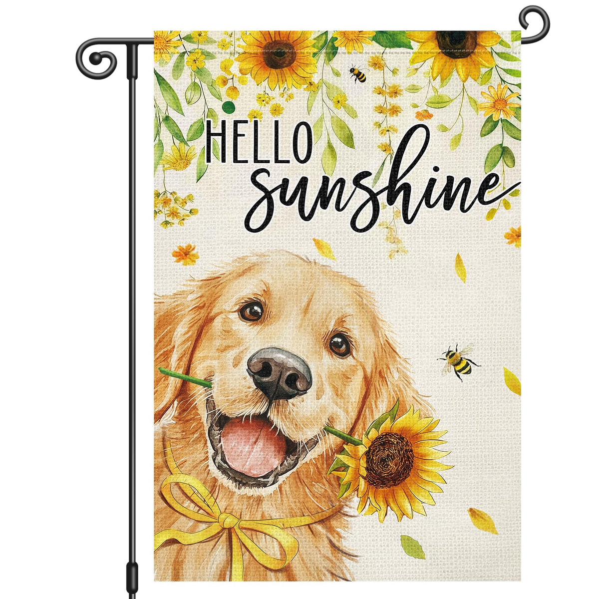 Louise Maelys garden flag featuring a golden retriever with daisies for curb appeal