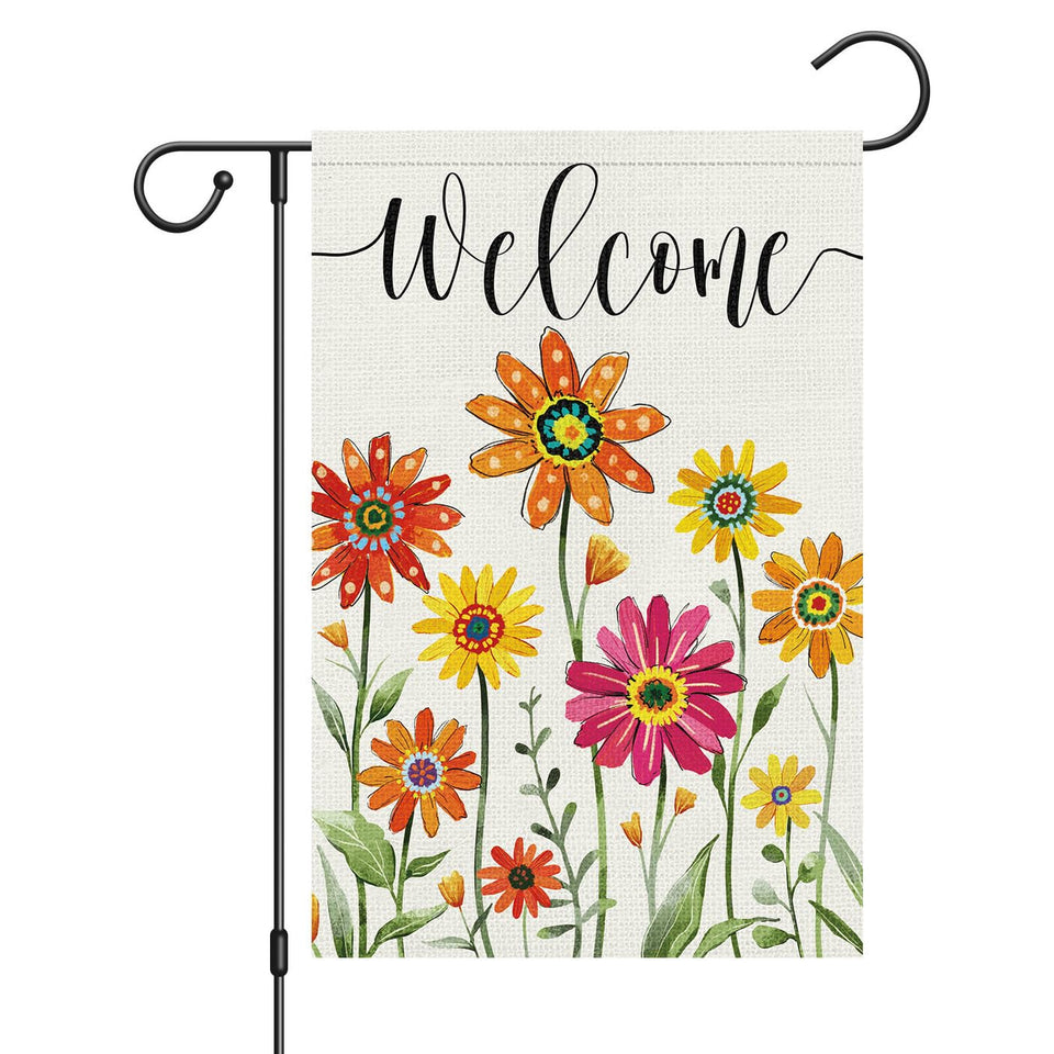 Louise Maelys welcome summer flag with sunflowers and daisies for outdoor decor.