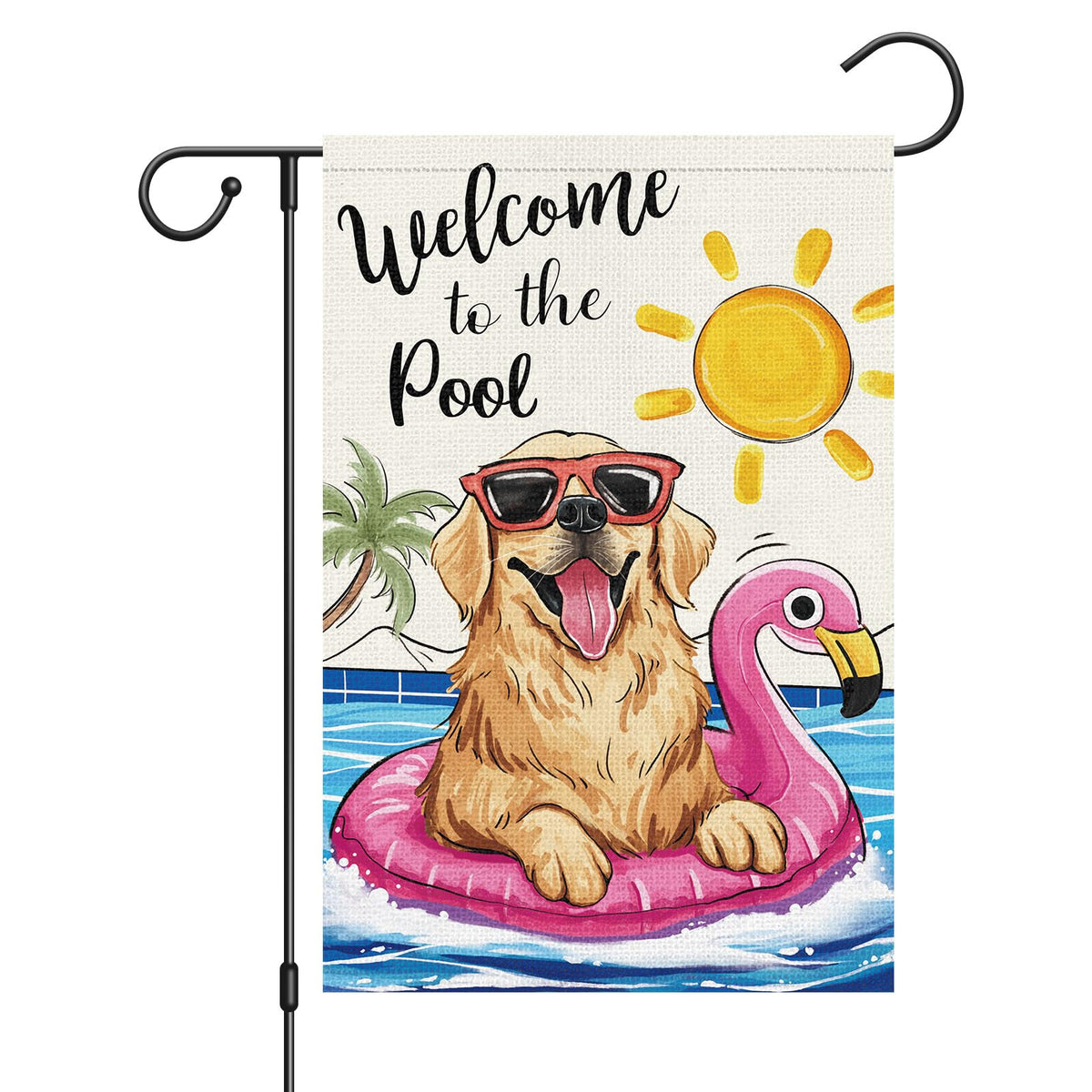 Louise Maelys pool flag burlap close-up shows durable outdoor texture