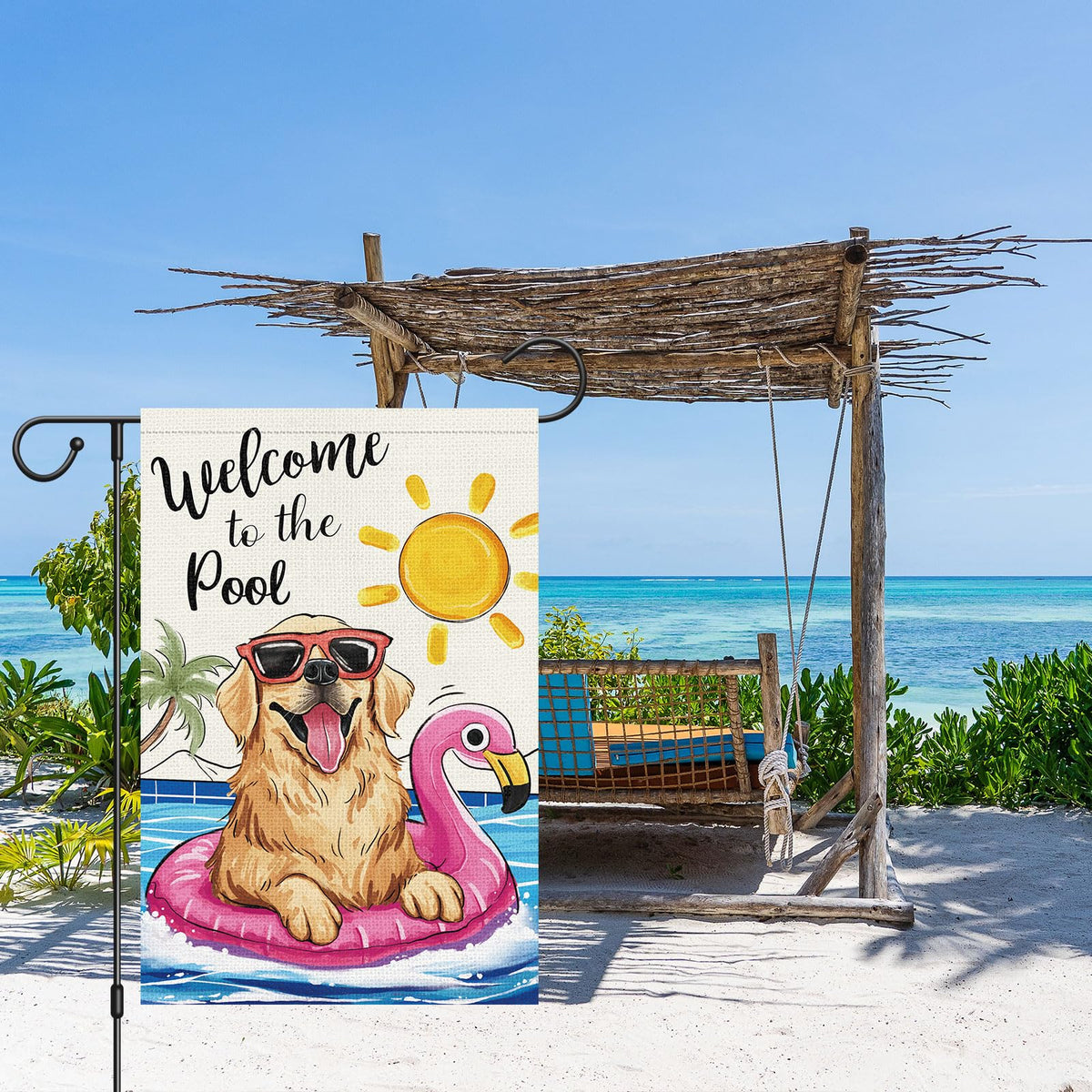 Louise Maelys golden retriever pool flag design enhances outdoor summer vibe