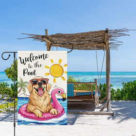 Louise Maelys golden retriever pool flag design enhances outdoor summer vibe