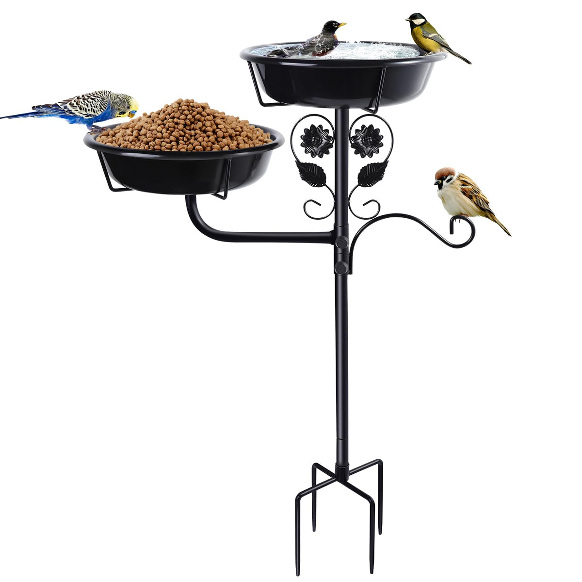 Lounginglife outdoor metal bird bath with dual bowls attracts multiple birds for water and food.