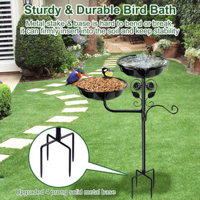 Lounginglife bird bath with metal stake base provides sturdy ground anchoring.