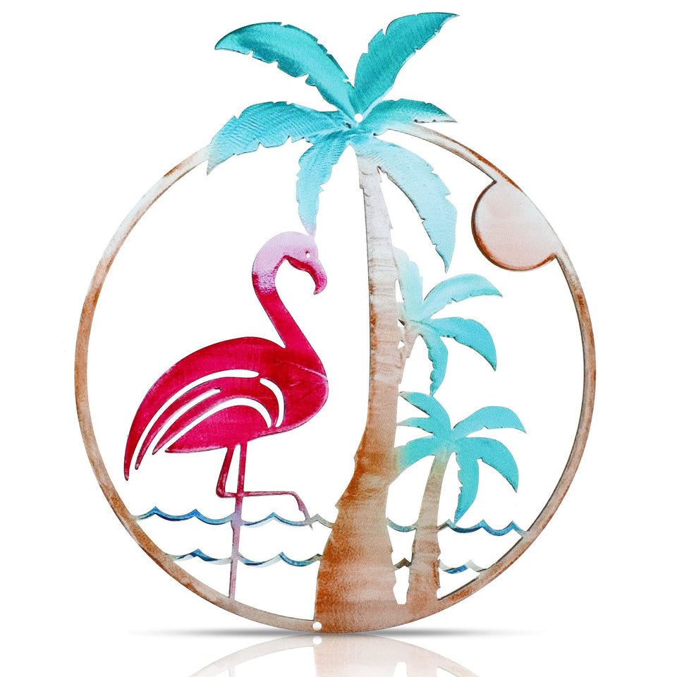 Lounsweer Flamingo metal wall art featuring flamingo and palm trees to enhance outdoor yard ambiance