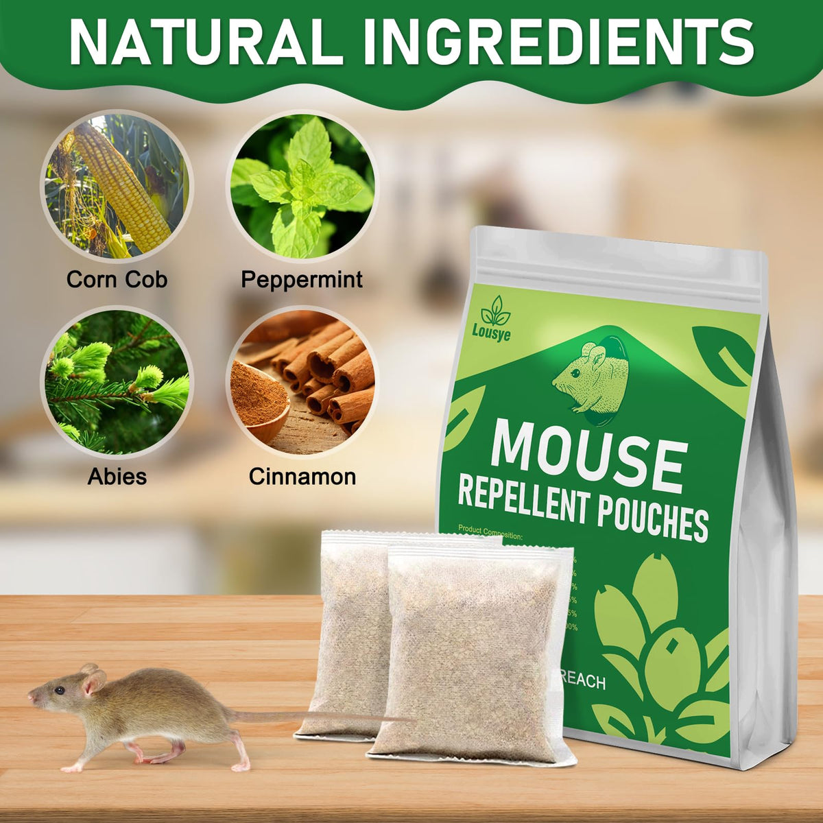 Lousye mouse repellent pouch hanging in a cabinet for targeted protection.