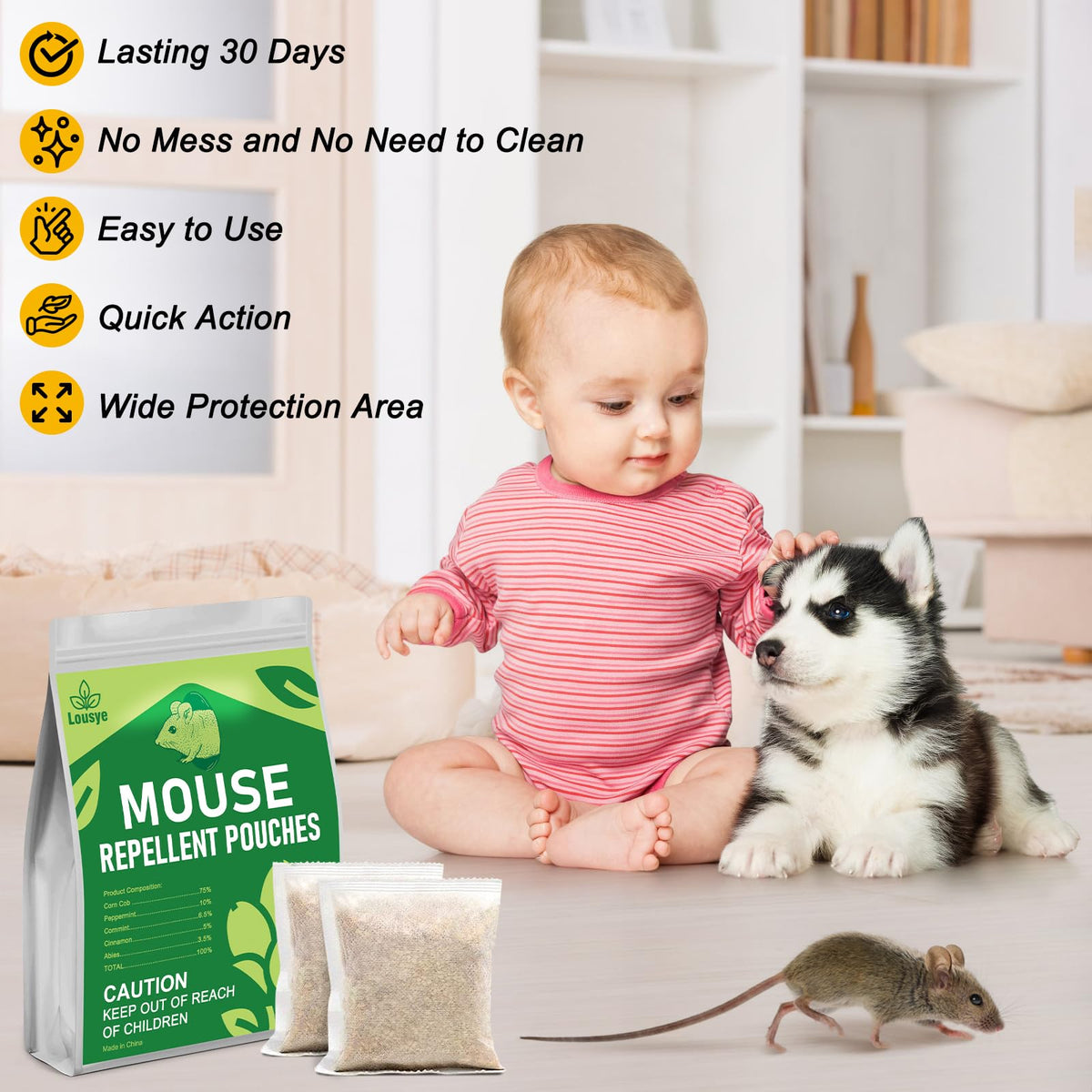 Lousye peppermint granules close-up showing natural ingredients for humane deterrence.