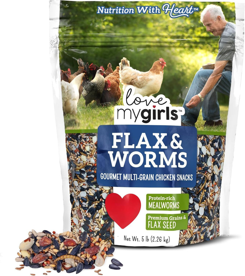 Love My Girls Flax & Worms bag closeup shows corn-free, protein-rich chicken snacks.
