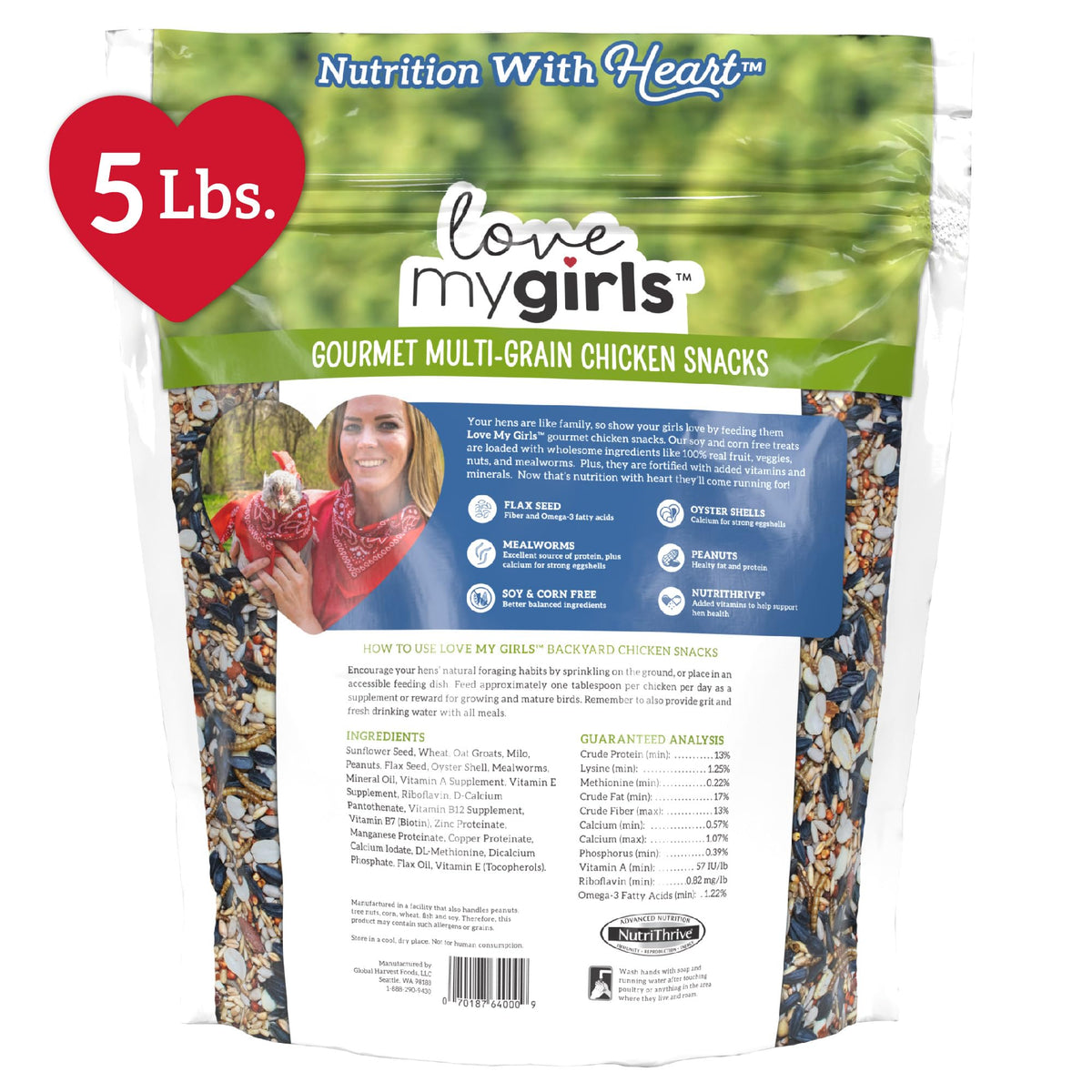 Love My Girls Flax Worms ingredient mix highlights premium grains and mealworms.