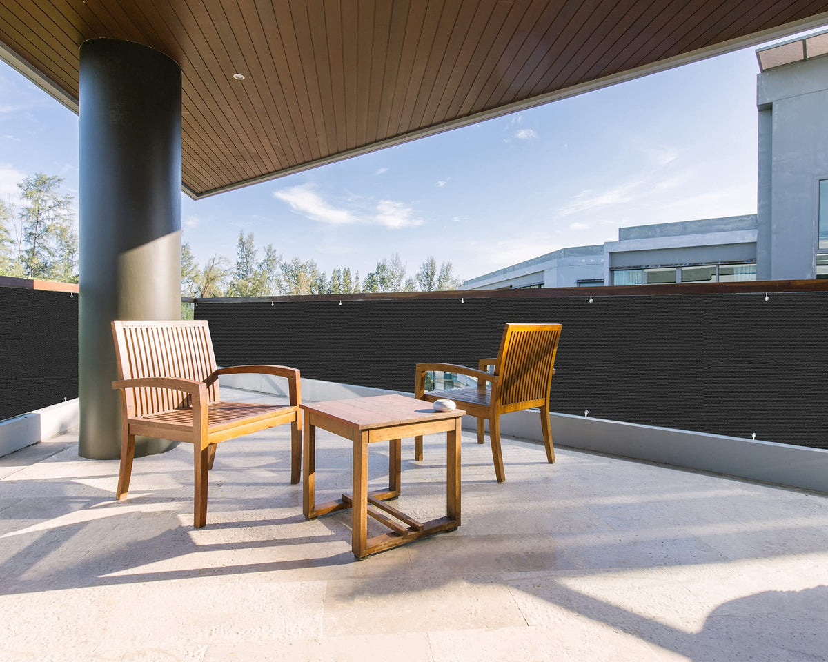 LOVE STORY balcony privacy screen in HDPE, 3x10ft, black, provides breathable privacy for decks.