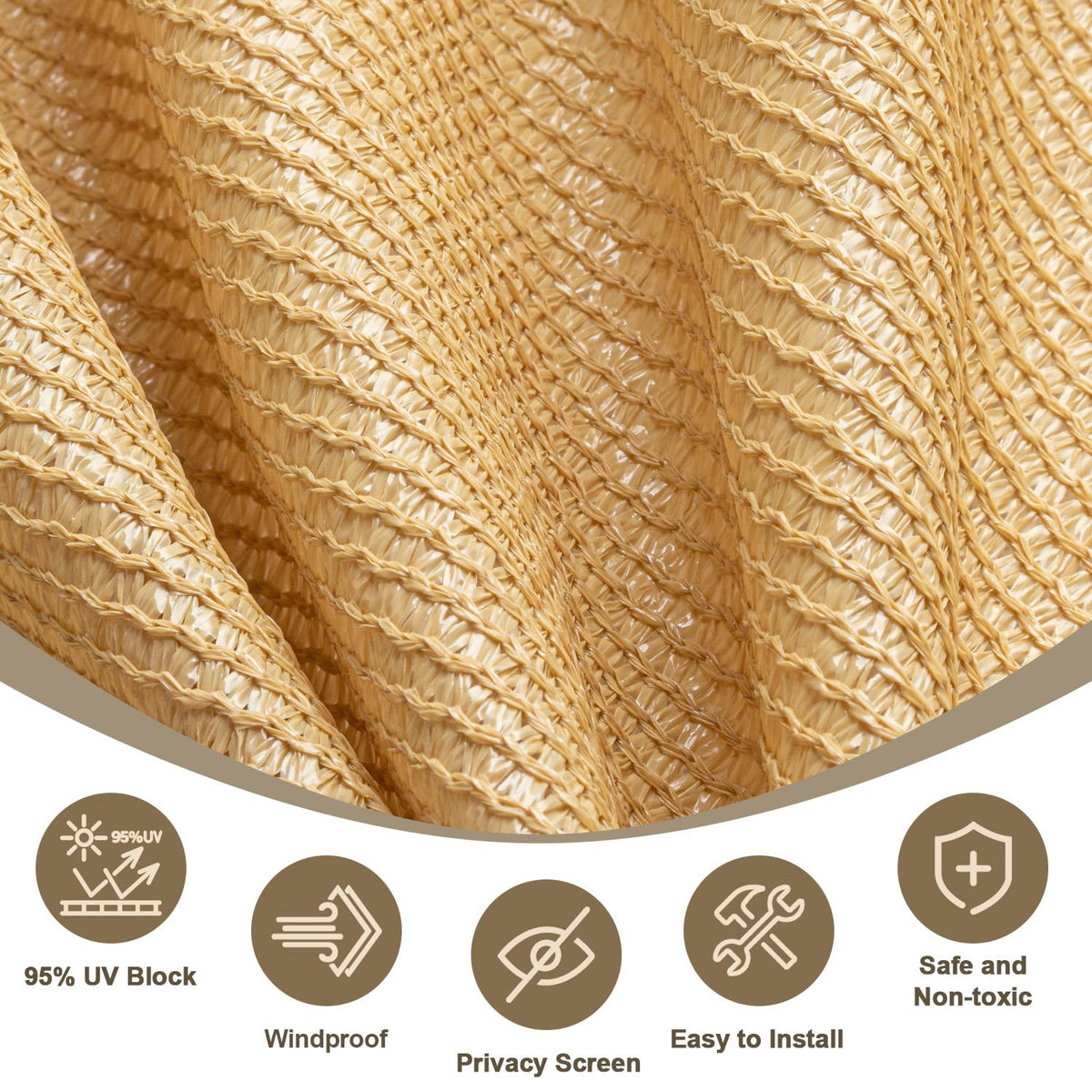 Love Story durable HDPE shade fabric with reinforced edges and copper grommets.