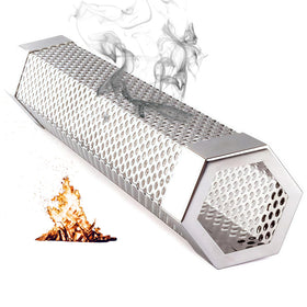 LOVEERCT 12-inch smoke tube on grill delivers steady billowing smoke for flavor.