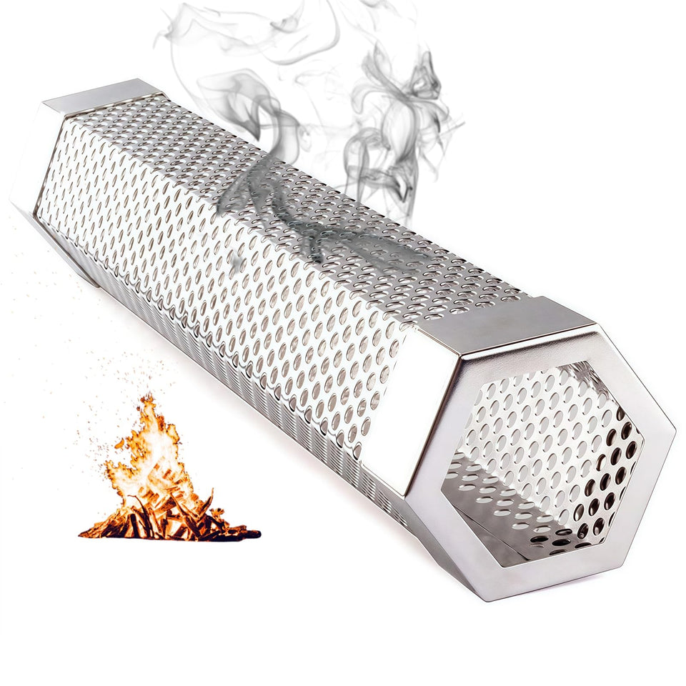 LOVEERCT 12-inch smoke tube on grill delivers steady billowing smoke for flavor.