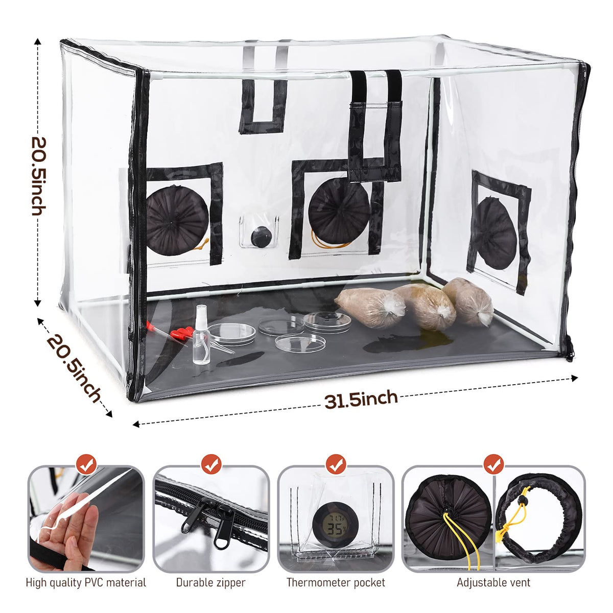 Lovely Ran mushroom planting set inside shows tent, hygrometer, and water bottles