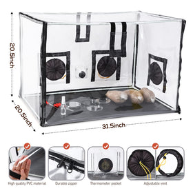 Lovely Ran mushroom planting set inside shows tent, hygrometer, and water bottles