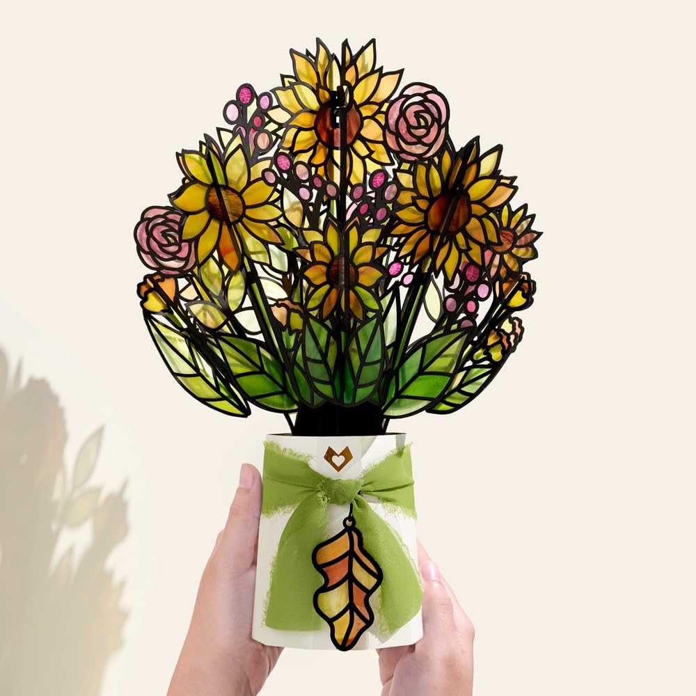 Lovepop 12in sunflower stand provides a bold tabletop display.
