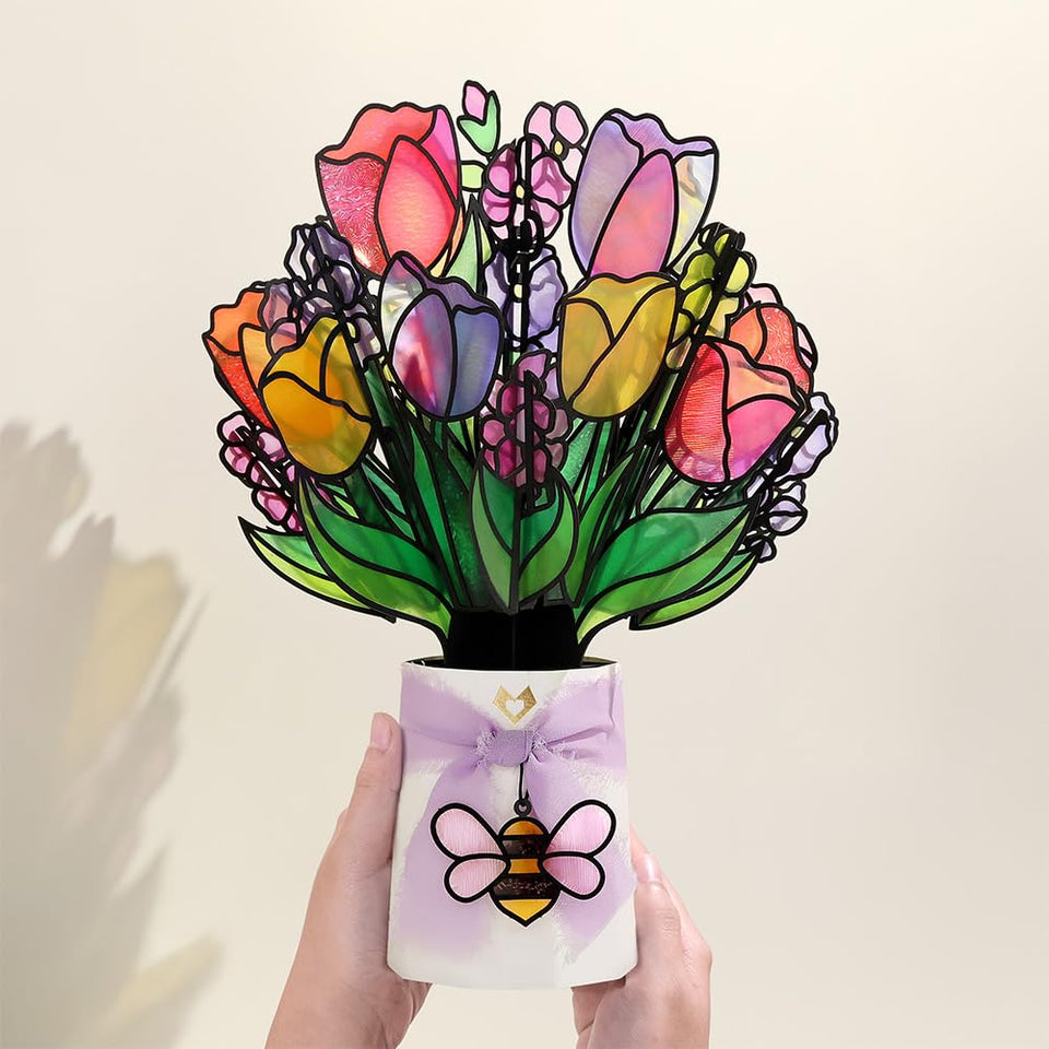 Lovepop Vibrant Tulip Suncatcher Bouquet front view brightening a sunny window
