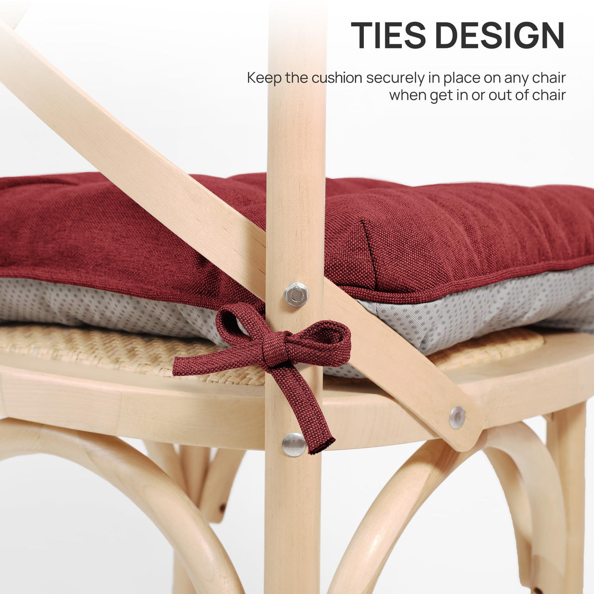 Love's cabin memory foam chair cushion with ties keeps it in place during meals.