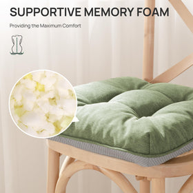 Love's cabin memory foam cushions on a dining chair in green for added comfort.