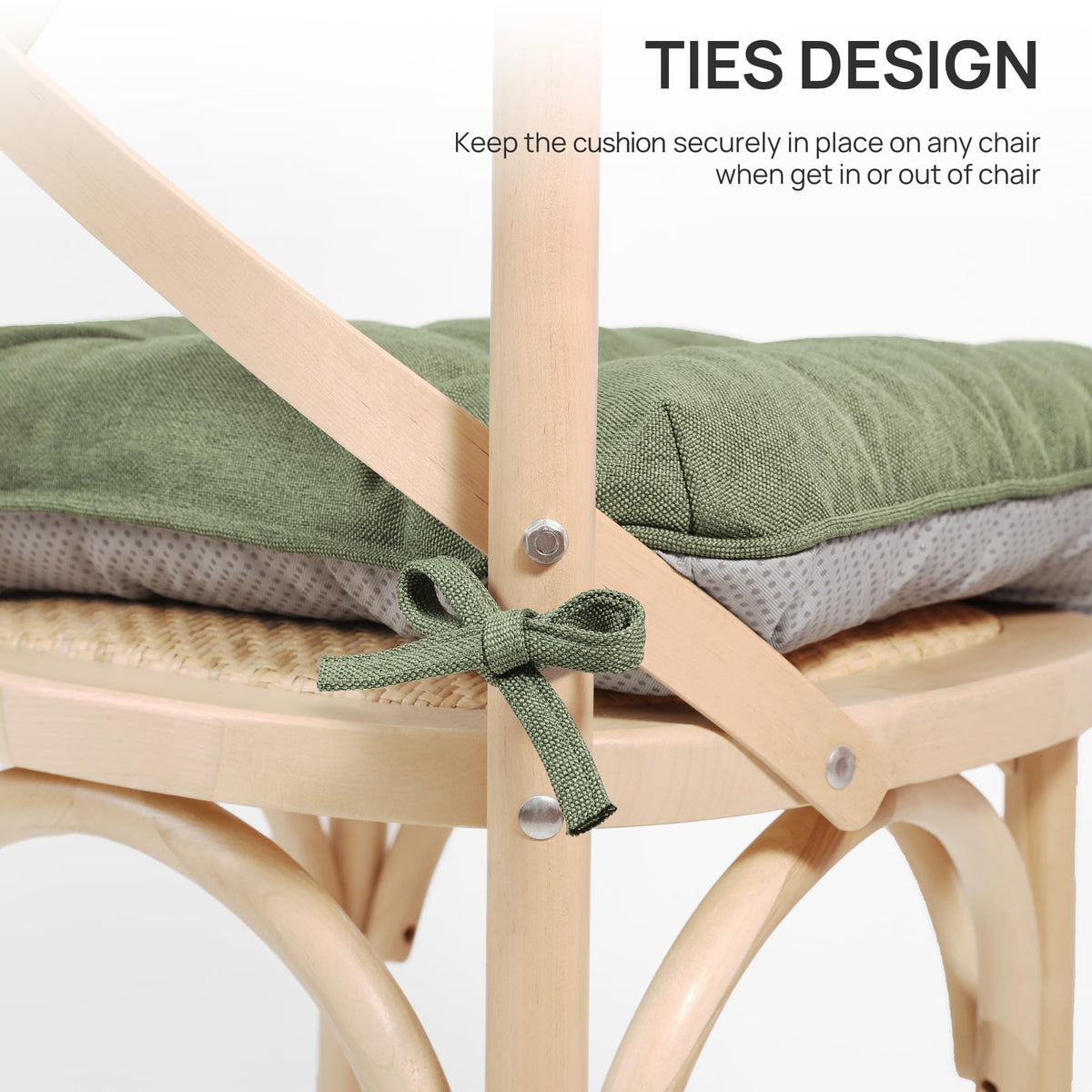 Love's cabin memory foam cushions on an outdoor patio chair in green.