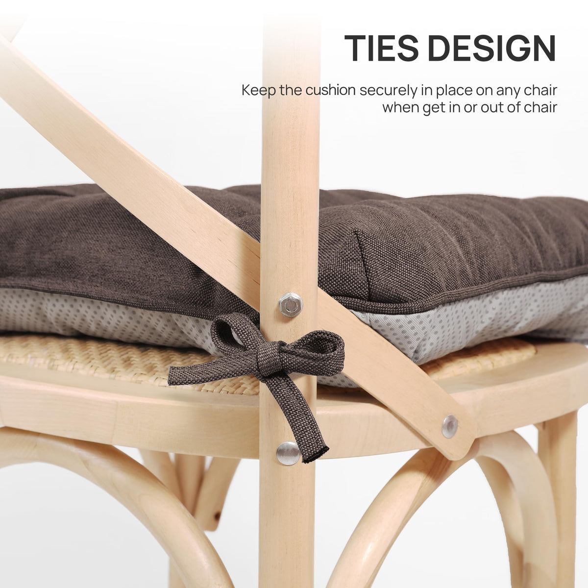 Love's Cabin memory foam chair cushions on a dining chair with ties fastened.