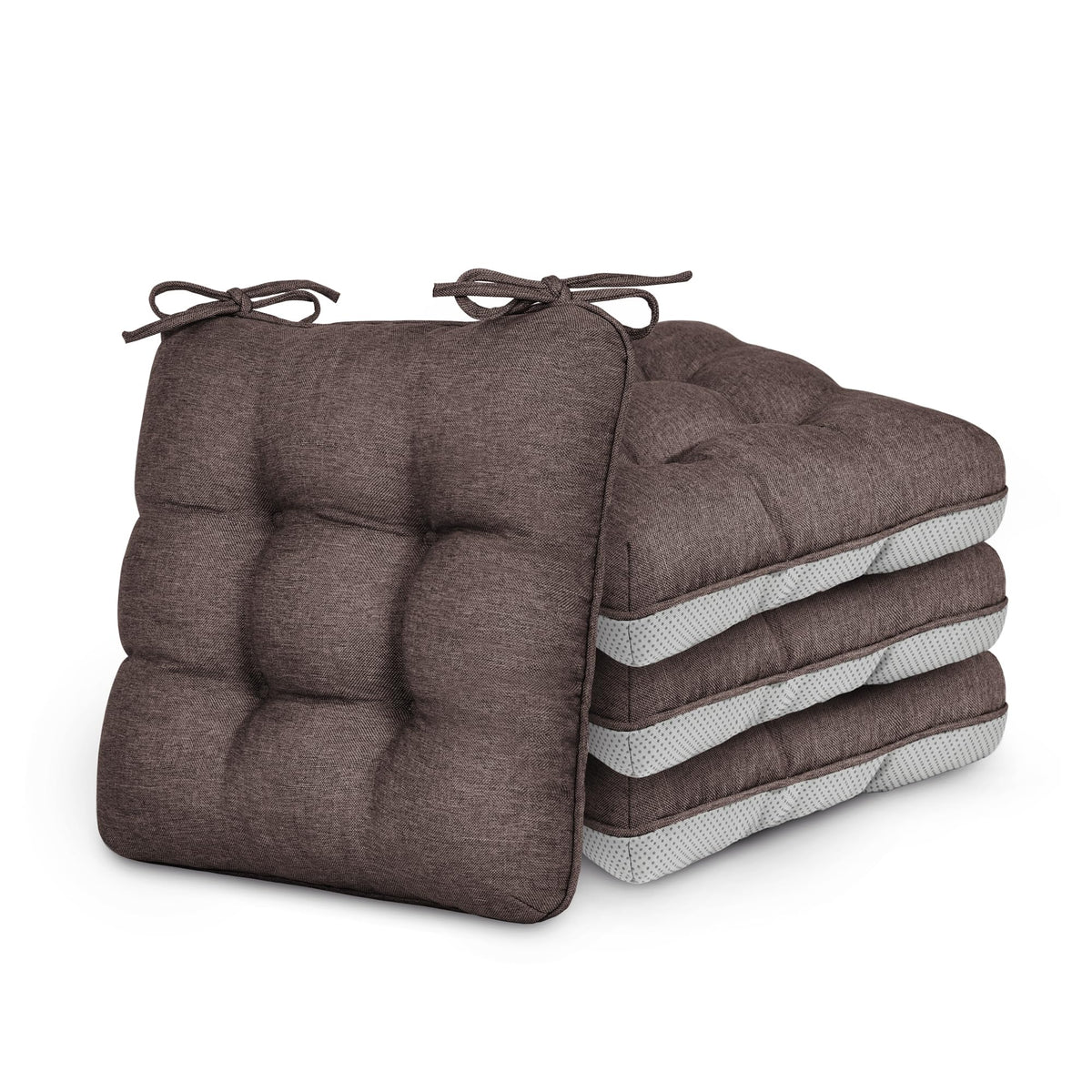 Love's Cabin memory foam chair cushions in coffee on a dining chair for added comfort.