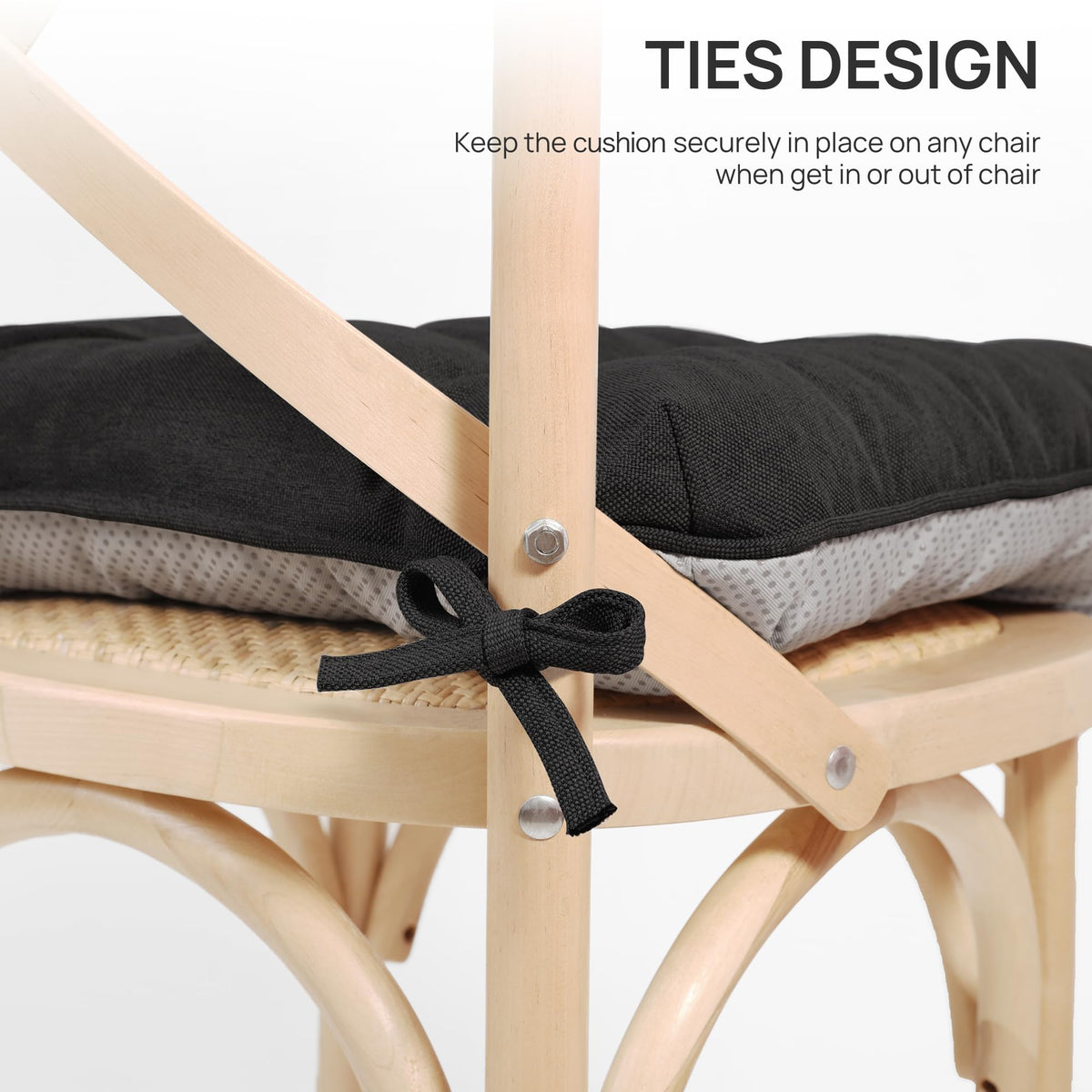 Love's Cabin cushions with non-slip bottom and ties — stays securely in place.