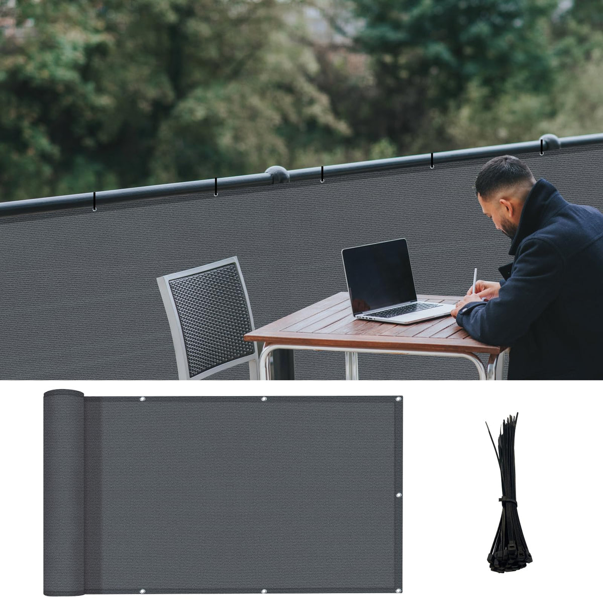 Love Story dark grey balcony screen provides privacy with UV protection for decks