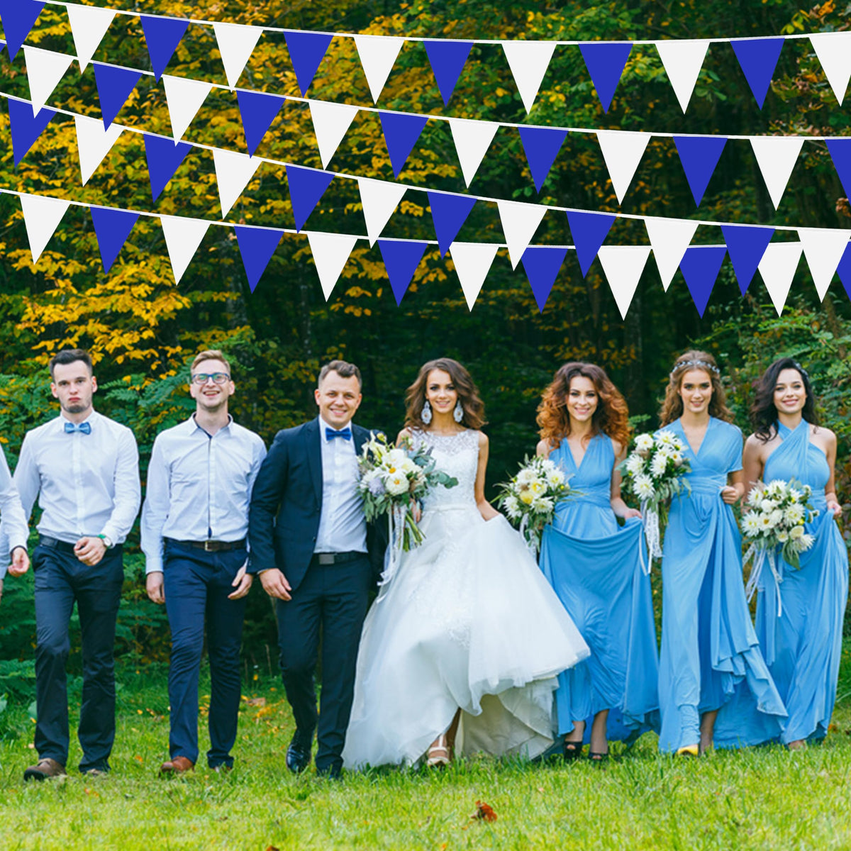 Indoor birthday party decoration with LoveVC pennant banner in blue and white.