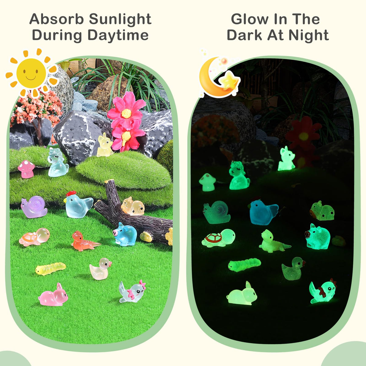 LOVEXIRAN glow-in-dark frogs illuminate tiny garden scenes