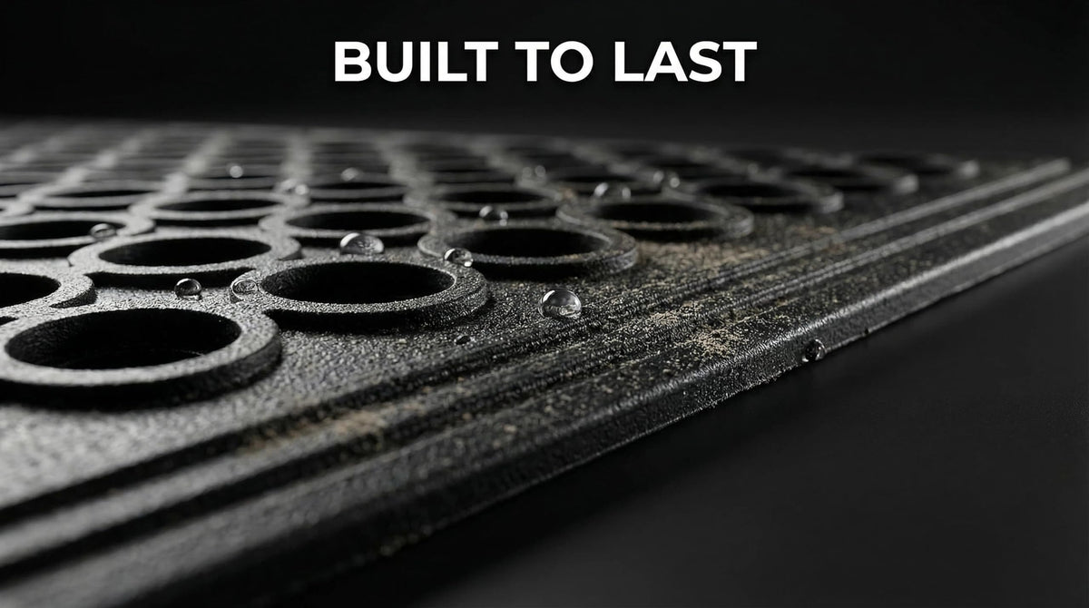 Lovinland doormat material texture highlighting polyester and rubber durability.
