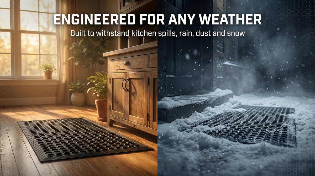Lovinland doormat water drainage demonstrates quick runoff reducing slick surfaces.