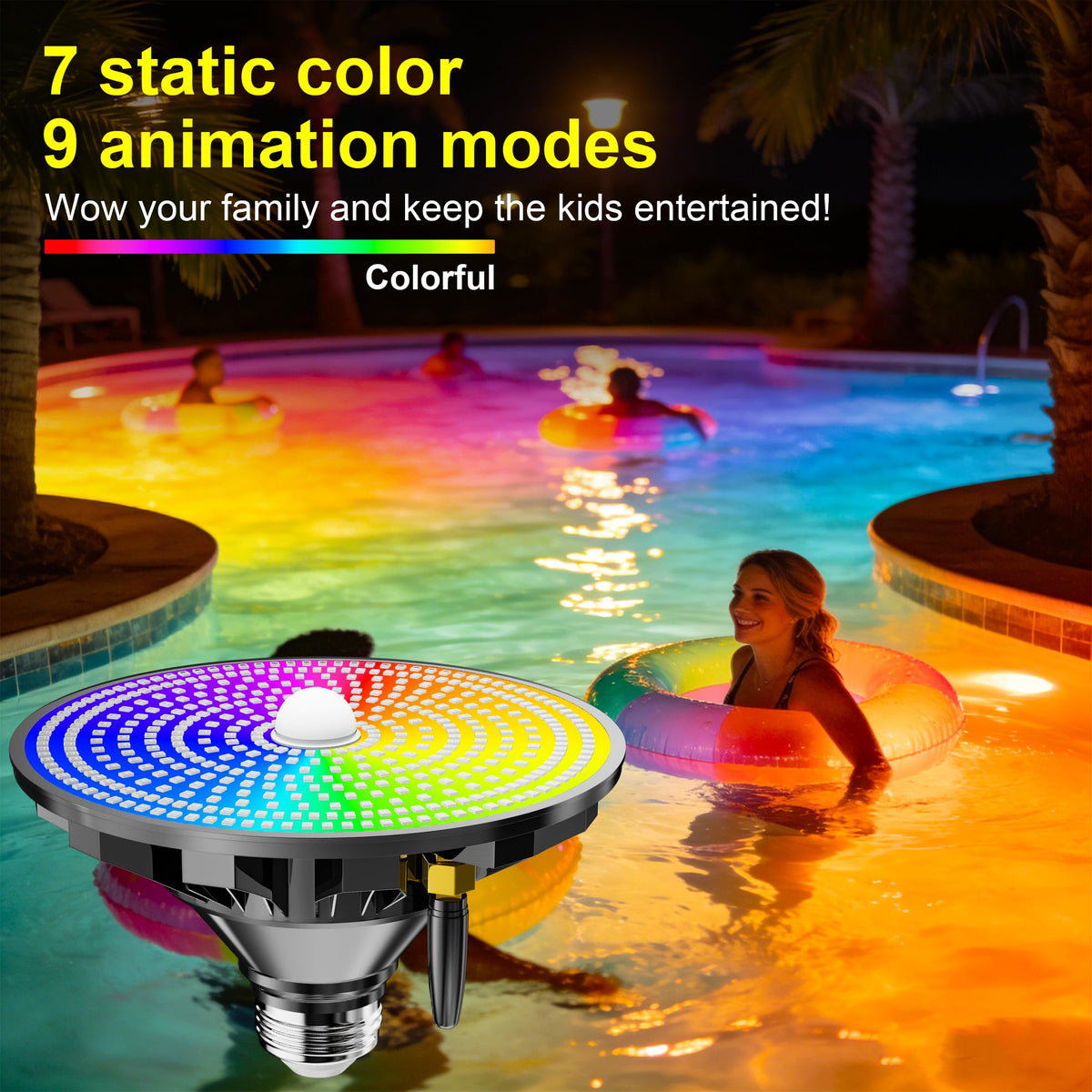 Loyoele RGBW color-changing pool light for dynamic ambiance.