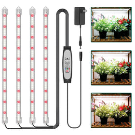 LPMZMBL 4-bar grow light strip over a thriving seedling promoting steady indoor growth.