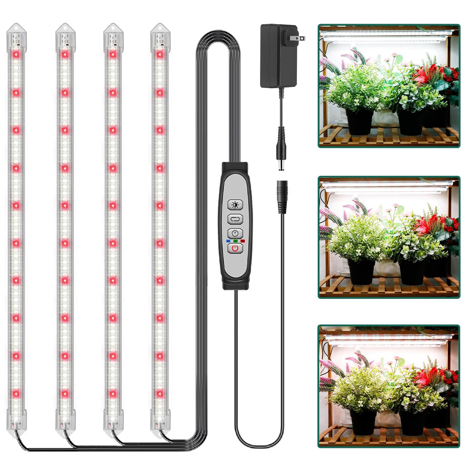 LPMZMBL 4-bar grow light strip over a thriving seedling promoting steady indoor growth.
