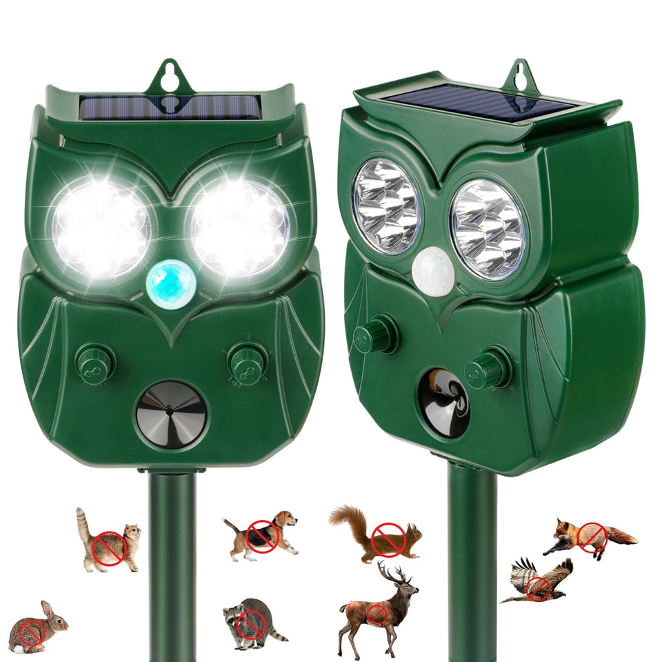 LRENQLLY 2-pack front view deters garden pests with solar-powered efficiency.