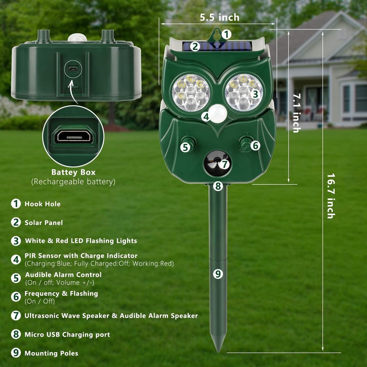 LRENQLLY 2-pack side view shows compact, portable deterrent ready for yards.