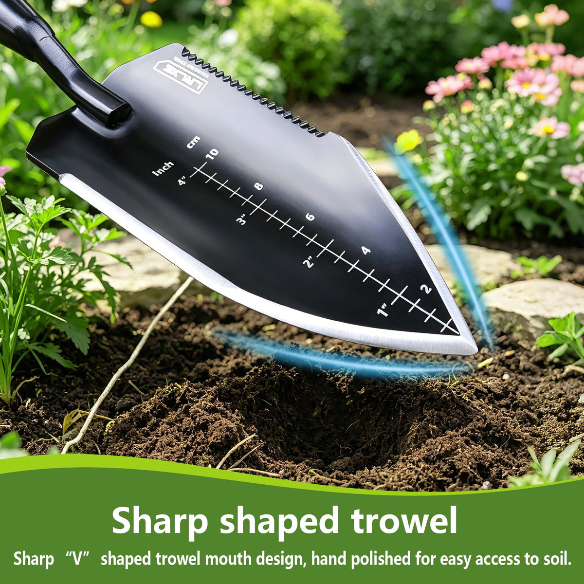 LRLXE Heavy Duty Garden Trowel serrated edge cuts weeds and roots.