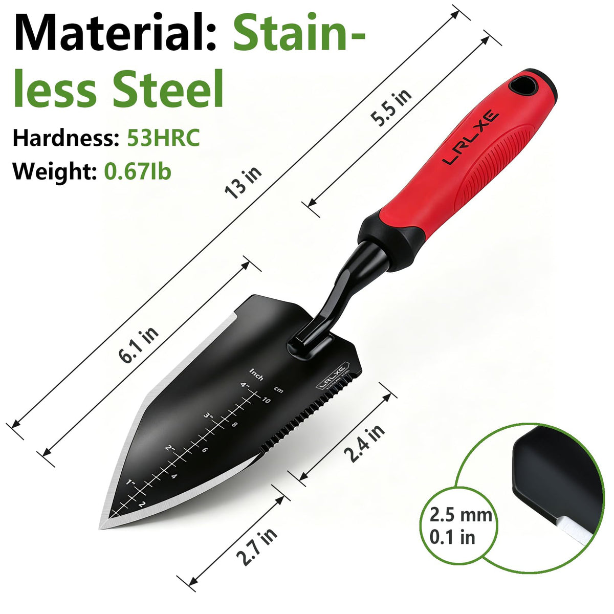 LRLXE Heavy Duty Garden Trowel V-shaped blade for deep soil penetration.