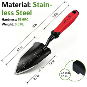 LRLXE Heavy Duty Garden Trowel V-shaped blade for deep soil penetration.