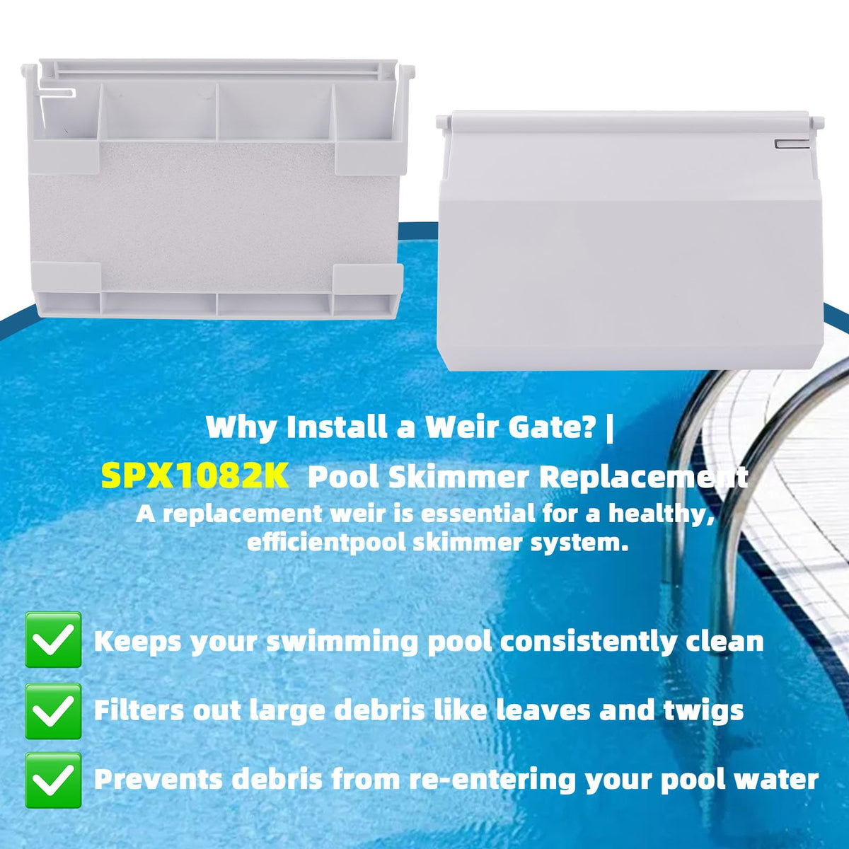 LRWZOV corrosion-resistant plastic skimmer door withstands sun and chlorine.