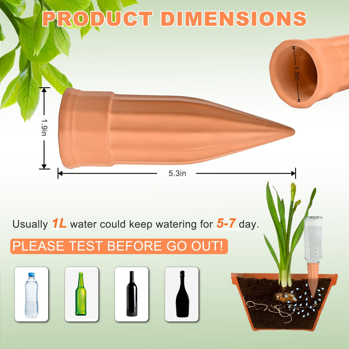 Close-up of terracotta spike inserted into soil for even moisture