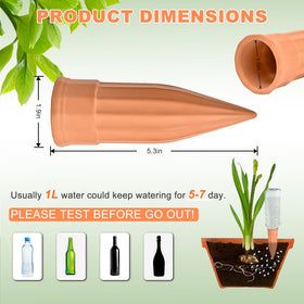 Close-up of terracotta spike inserted into soil for even moisture