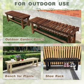 LSPYYDS bench with bonsai display demonstrates space-saving garden decor.