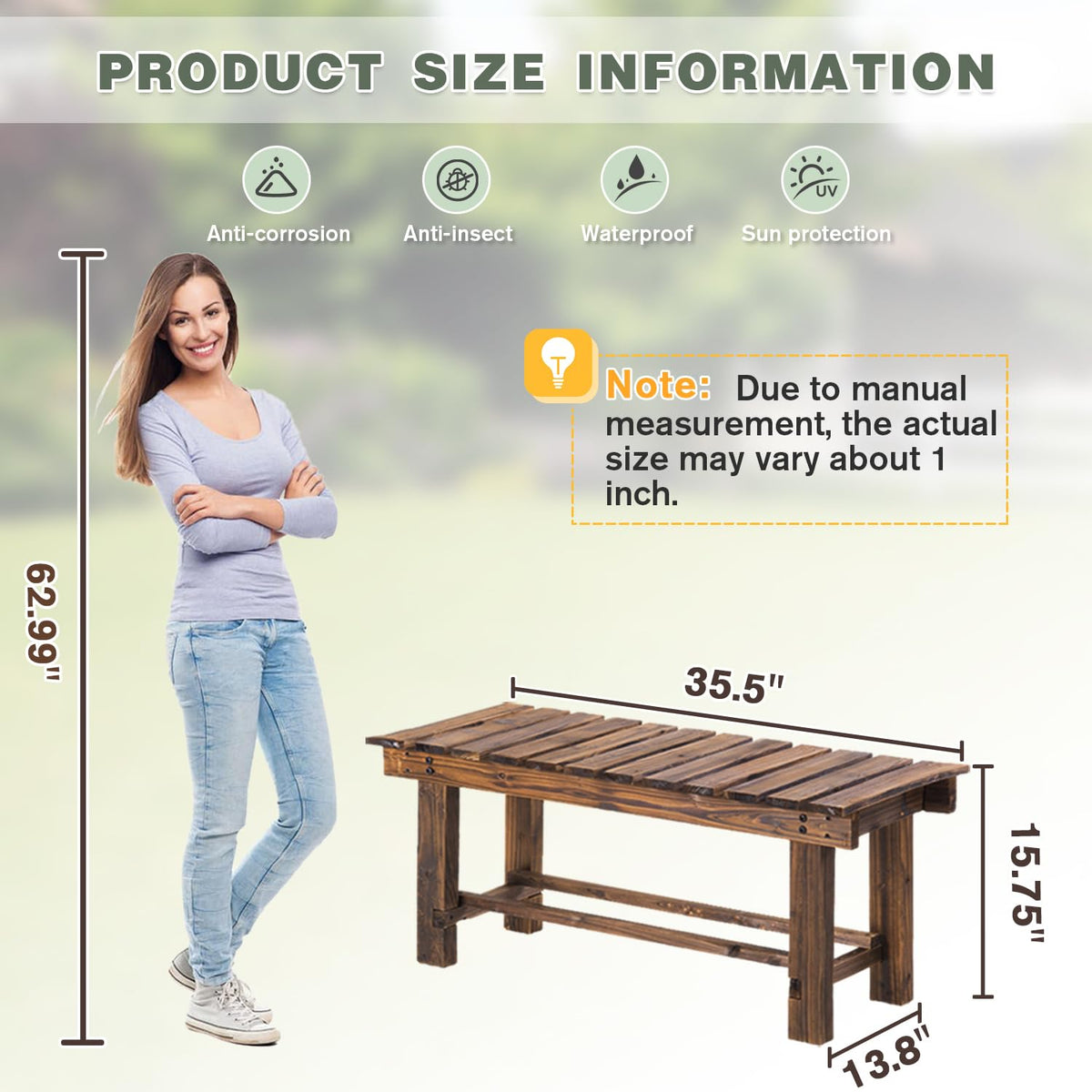 LSPYYDS outdoor bench front view highlights long-lasting anti-corrosion wood for patios.