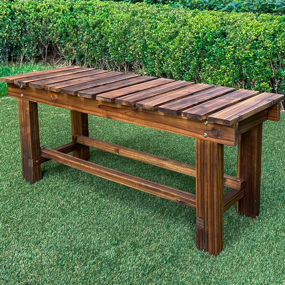 LSPYYDS outdoor bench side view highlights sturdy carbonized wood for outdoor resilience.