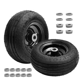 LTNICER 11x4-5 tire and wheel close-up showing rugged turf tread for stable mowing