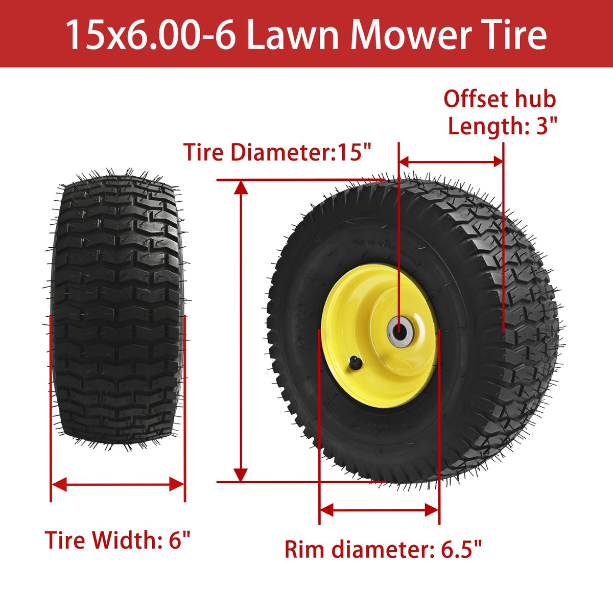 LTNICER 15x6-00-6 side view highlighting rugged tread for lawn traction.