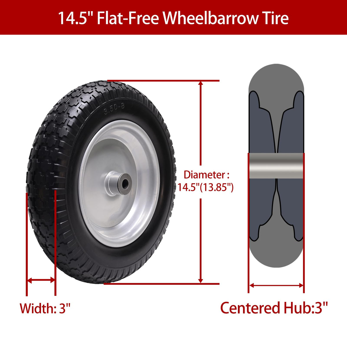 LTNICER wheelbarrow tire 3-50-8 close-up highlights rugged PU core and puncture resistance