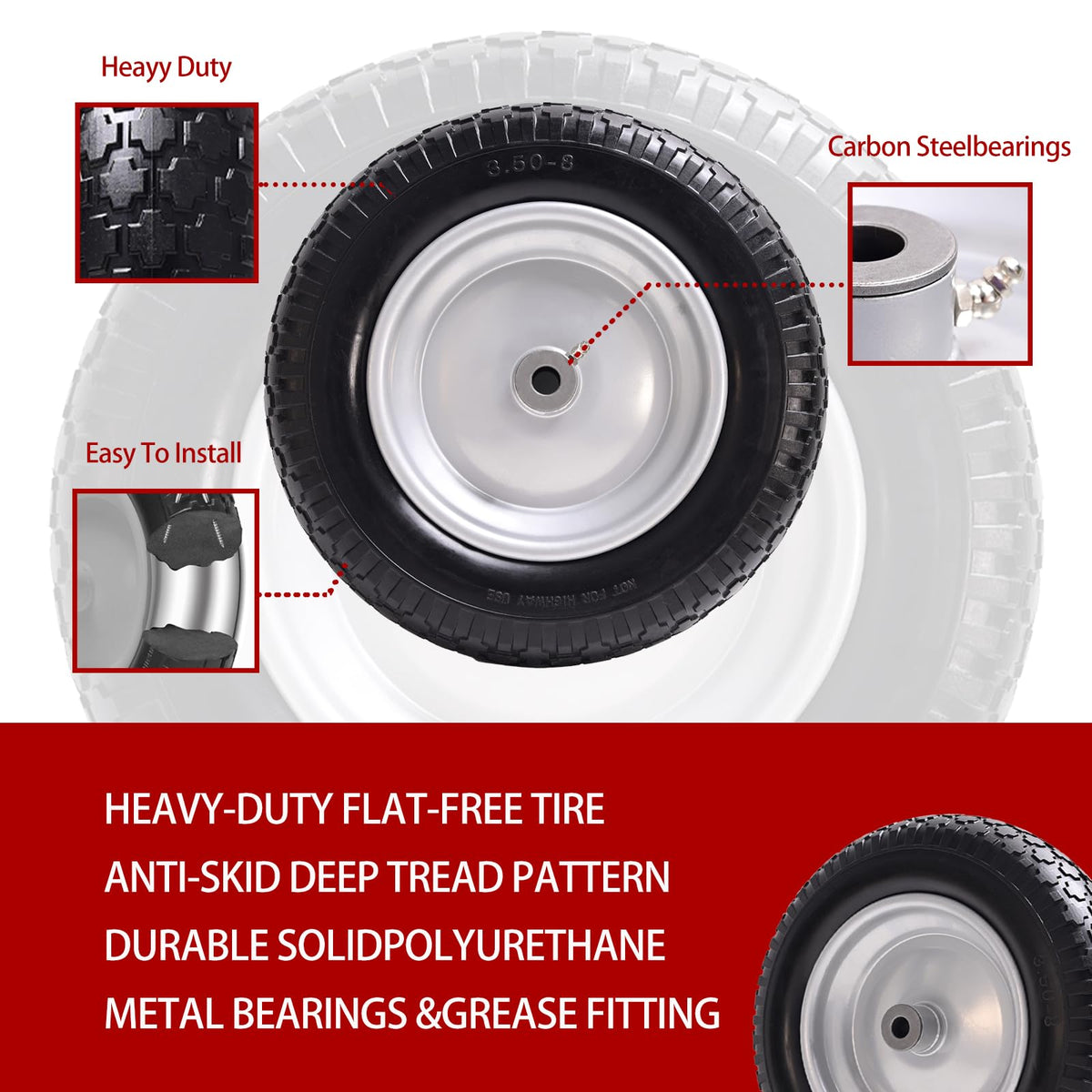 LTNICER wheelbarrow tire hub-centered view shows precision 3 hub and bearings